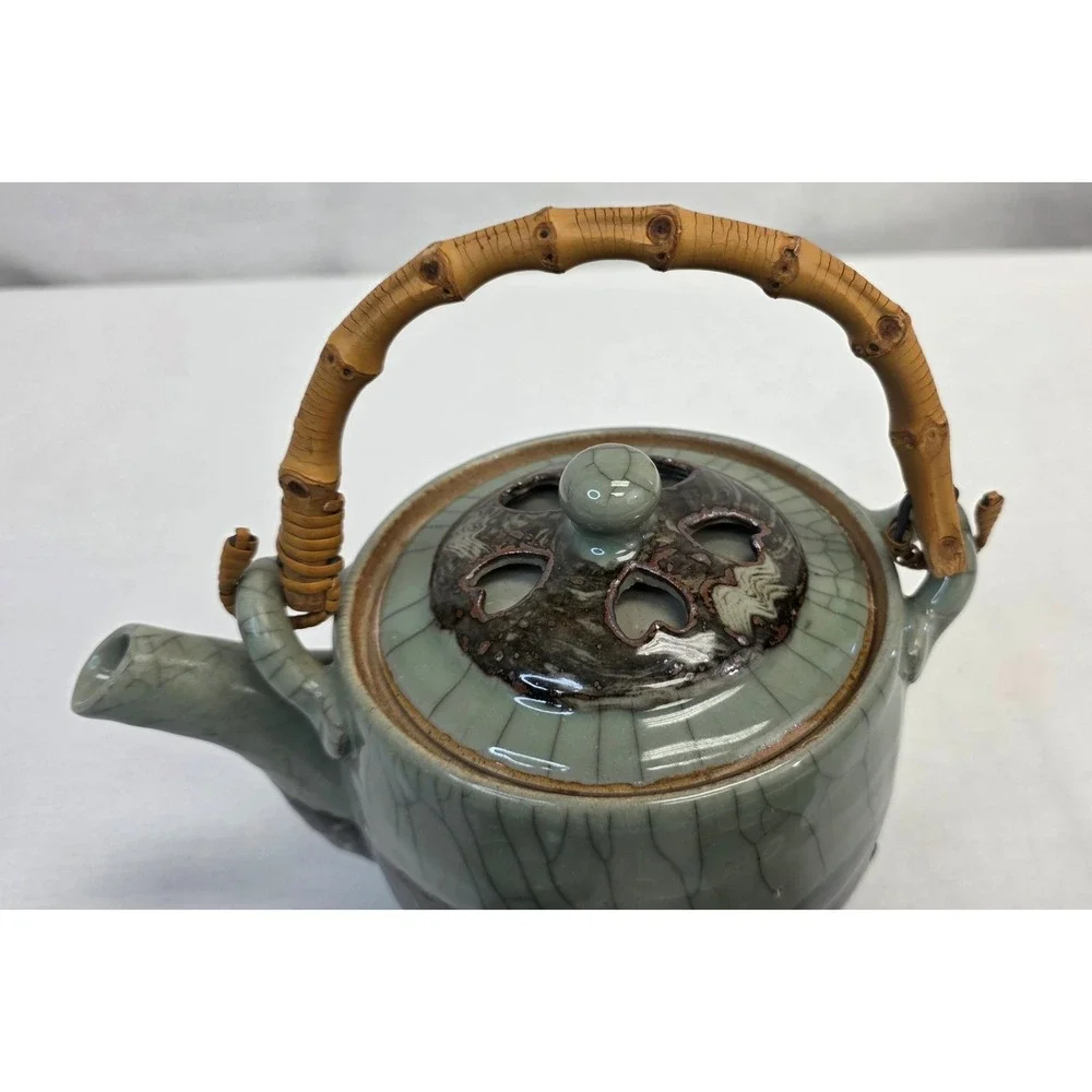 Japanese Crackle Glaze Celadon Tea Set Bamboo Handle Teapot and 2 Cups Heart Cut